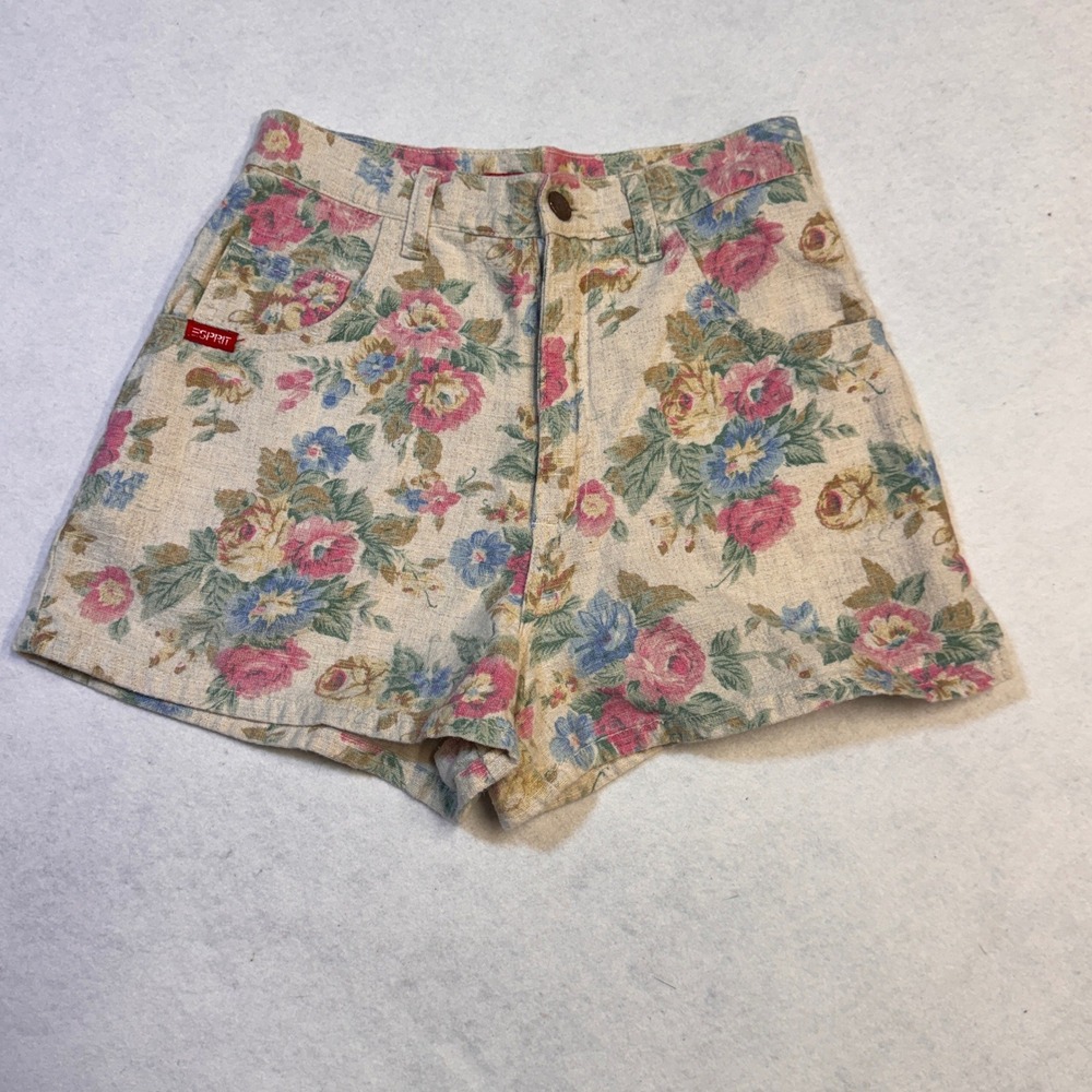 Esprit Floral Shorts Women 5/6 Beige Pink Blue Cotton 90s Vintage Cottagecore